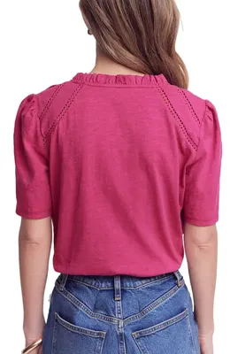 Boden Boden Lace Trim Short Sleeve Cotton Button-Up Shirt in Red Violet — Women Spring red Tops