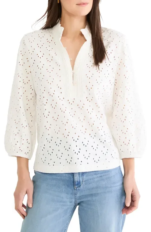 NIC+ZOE NIC+ZOE Ruffle Neck Eyelet Top in Paper White — Women Spring white Tops