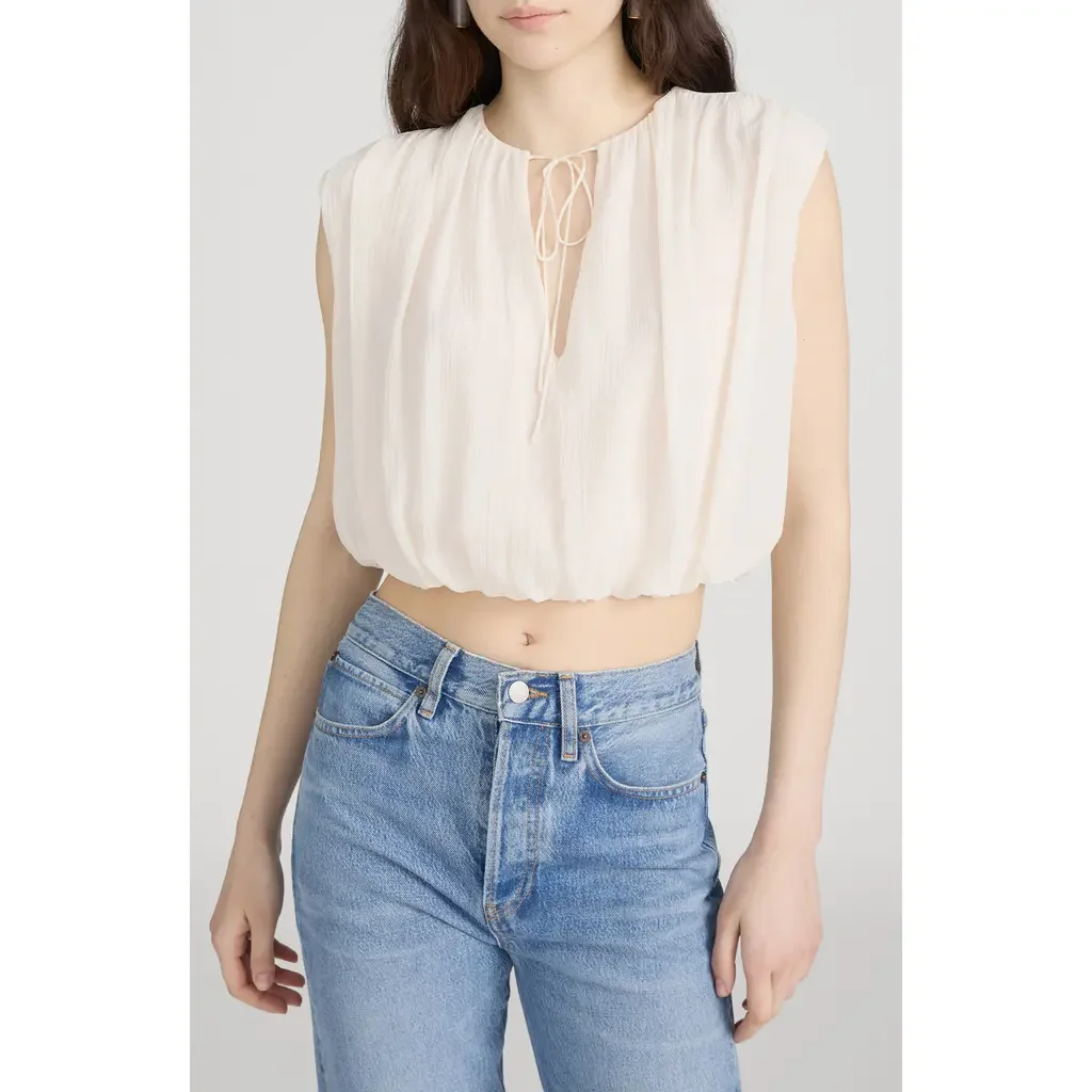 FRAME FRAME The Wave Tie Neck Silk Top in Cream — Women Spring ivory Tops