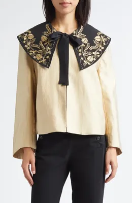 Bode Bode Gilt Embroidered Collar Satin Jacket in Gold Black — Women Spring ivory Outerwear