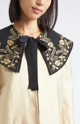 Bode Bode Gilt Embroidered Collar Satin Jacket in Gold Black — Women Spring ivory Outerwear