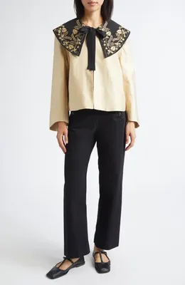 Bode Bode Gilt Embroidered Collar Satin Jacket in Gold Black — Women Spring ivory Outerwear