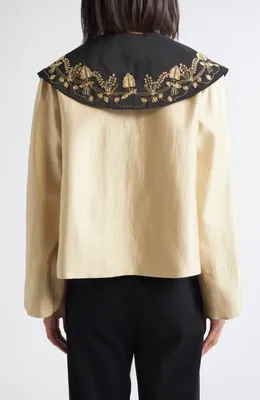 Bode Bode Gilt Embroidered Collar Satin Jacket in Gold Black — Women Spring ivory Outerwear