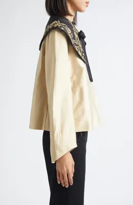 Bode Bode Gilt Embroidered Collar Satin Jacket in Gold Black — Women Spring ivory Outerwear