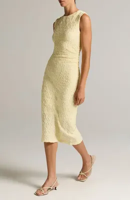 Vince Vince Side Pleat Textured Cotton Blend Body-Con Dress in Light Dandelion — Women Spring ivory Dresses