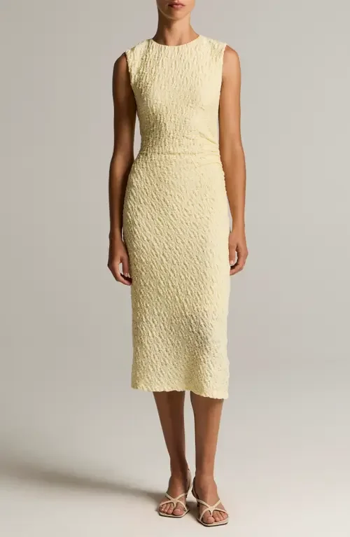 Vince Vince Side Pleat Textured Cotton Blend Body-Con Dress in Light Dandelion — Women Spring ivory Dresses