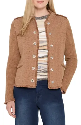 NIC+ZOE NIC+ZOE Military Fringe Mixed Knit Jacket in Ginger — Women Autumn camel Outerwear