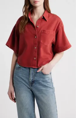 rag & bone rag & bone Marin Crop Cotton Blend Button-Up Shirt in Sienna Stne — Women Autumn red Button-Down Shirts
