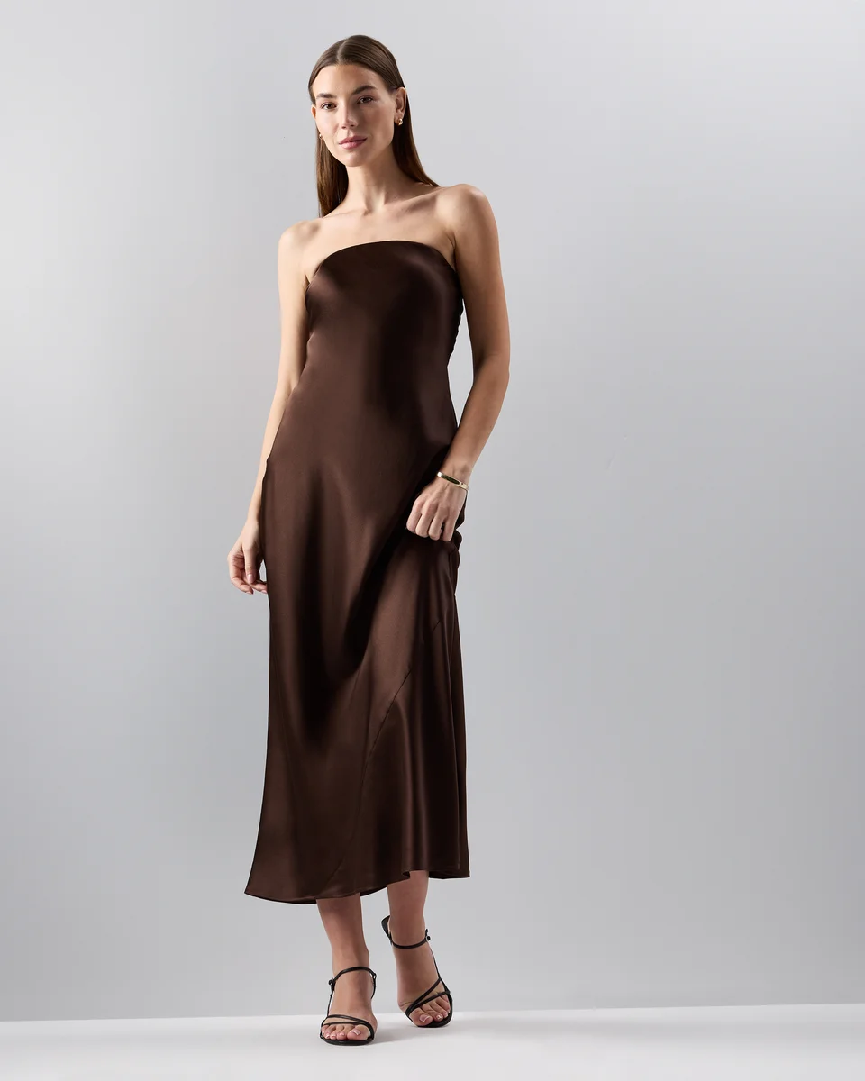 Quince Quince | Women's Strapless Midi Dress in Hot Fudge — Women Autumn chocolate Midi Dresses