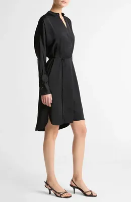 Vince Vince Band Collar Long Sleeve Satin Dress in Black — Women Winter black Dresses