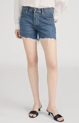 FRAME FRAME The Hang Mid Thigh Denim Cutoff Shorts in Goose — Women Winter navy Shorts