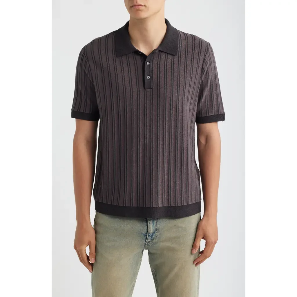 rag & bone rag & bone Zuma Stripe Terry Cloth Polo in Coal Grey — Men Winter black Tops