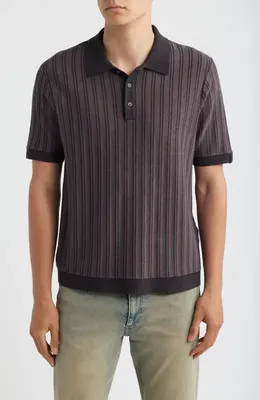 rag & bone rag & bone Zuma Stripe Terry Cloth Polo in Coal Grey — Men Winter black Tops