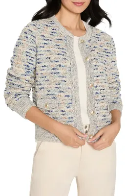 NIC+ZOE NIC+ZOE Always Shining Metallic Cotton Blend Cardigan in Ivory/blue — Women Summer white Outerwear