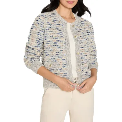 NIC+ZOE NIC+ZOE Always Shining Metallic Cotton Blend Cardigan in Ivory/blue — Women Summer white Outerwear