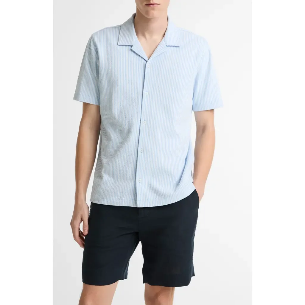 Vince Vince Stripe Seersucker Button Down Top in Rainwater/optic White — Men Summer white Tops