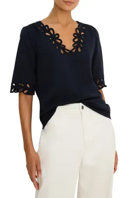 NIC+ZOE NIC+ZOE Rococo Soutache Embroidered Trim Top in Dark Indigo — Women Winter Tops