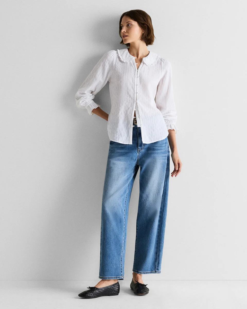 Quince Quince | Women's Embroidered Cotton Ruffle Collar Long Sleeve Blouse in Classic White — Women Winter white Blouses