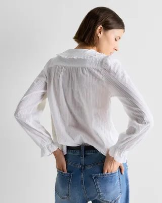 Quince Quince | Women's Embroidered Cotton Ruffle Collar Long Sleeve Blouse in Classic White — Women Winter white Blouses