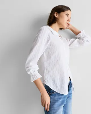 Quince Quince | Women's Embroidered Cotton Ruffle Collar Long Sleeve Blouse in Classic White — Women Winter white Blouses