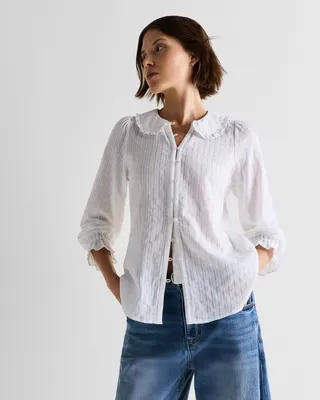 Quince Quince | Women's Embroidered Cotton Ruffle Collar Long Sleeve Blouse in Classic White — Women Winter white Blouses