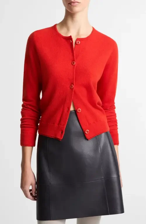 Vince Vince Scallop Trim Button Front Cardigan in Poppy — Women Spring red Tops