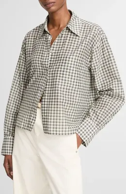 Vince Vince Gingham Check Crop Button-Up Shirt in Off White/Smoke — Women Summer grey Tops