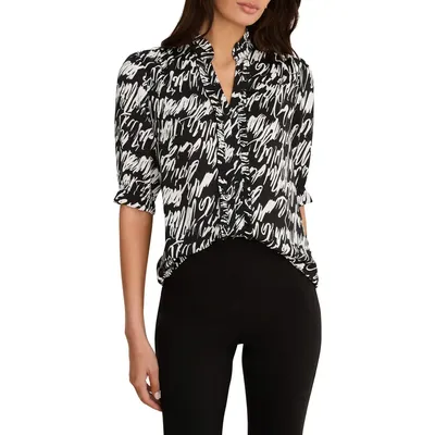 NIC+ZOE NIC+ZOE Cursive Print Chiffon Top in Black Multi — Women Winter black Tops