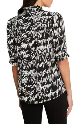 NIC+ZOE NIC+ZOE Cursive Print Chiffon Top in Black Multi — Women Winter black Tops