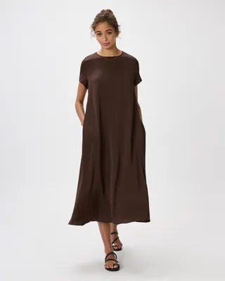 Quince Quince | Women's Washable Stretch Silk Voluminous Maxi Dress in Hot Fudge — Women Autumn chocolate Maxi Dresses