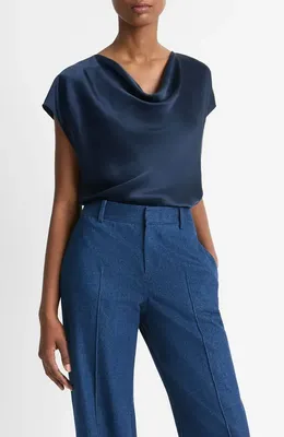 Vince Vince Cowl Neck Silk Blouse in Coastal Blue — Women Summer blue Tops
