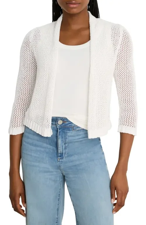 NIC+ZOE NIC+ZOE Openwork Knit Mesh Ruffle Trim Cardigan in Paper White — Women Spring white Tops