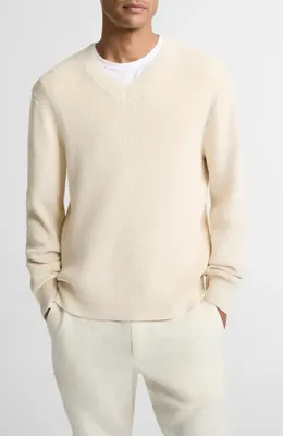 Vince Vince Solid V-Neck Cotton Blend Ribbed Sweater in Classic Cream — Men Spring ivory Tops