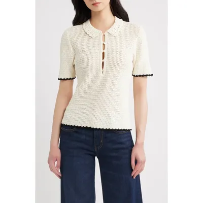 FRAME FRAME The Daybreak Open Stitch Polo Sweater in Cream Multi — Women Spring white Tops