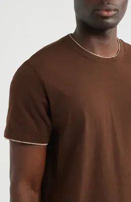 AG AG Como Double Layer Crewneck T-Shirt in Oak Barrel/dry Dust — Men Autumn chocolate Tops