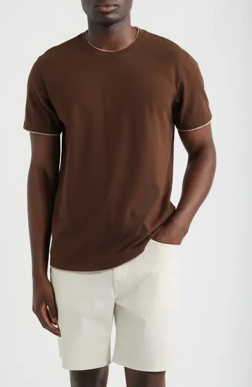 AG AG Como Double Layer Crewneck T-Shirt in Oak Barrel/dry Dust — Men Autumn chocolate Tops