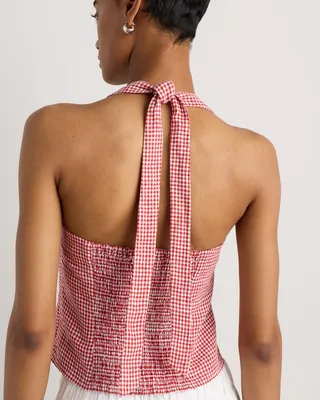 Quince Quince | Women's 100% European Linen Halter Top in Red Classic Mini Gingham in Red Classic Mini Gingham — Women Spring Tops