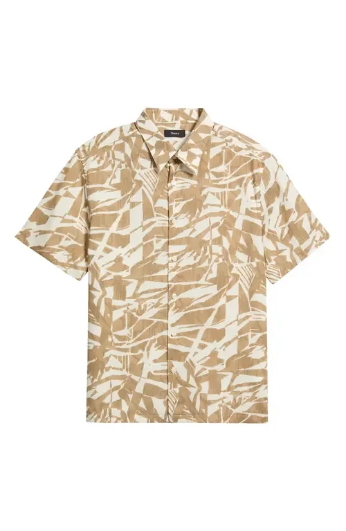 Theory Theory Irving Short Sleeve Button-Up Shirt in Fresh Khaki Multi — Men Autumn camel Button-Down Shirts
