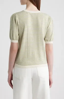 FRAME FRAME The Stripe Gather Crop Cotton & Modal Sweater in Sage Multi — Women Spring khaki Tops