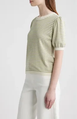 FRAME FRAME The Stripe Gather Crop Cotton & Modal Sweater in Sage Multi — Women Spring khaki Tops