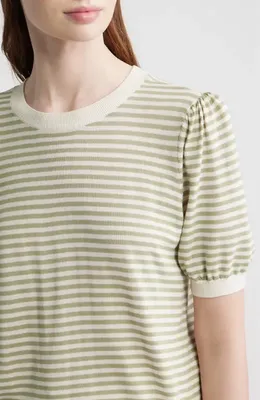 FRAME FRAME The Stripe Gather Crop Cotton & Modal Sweater in Sage Multi — Women Spring khaki Tops