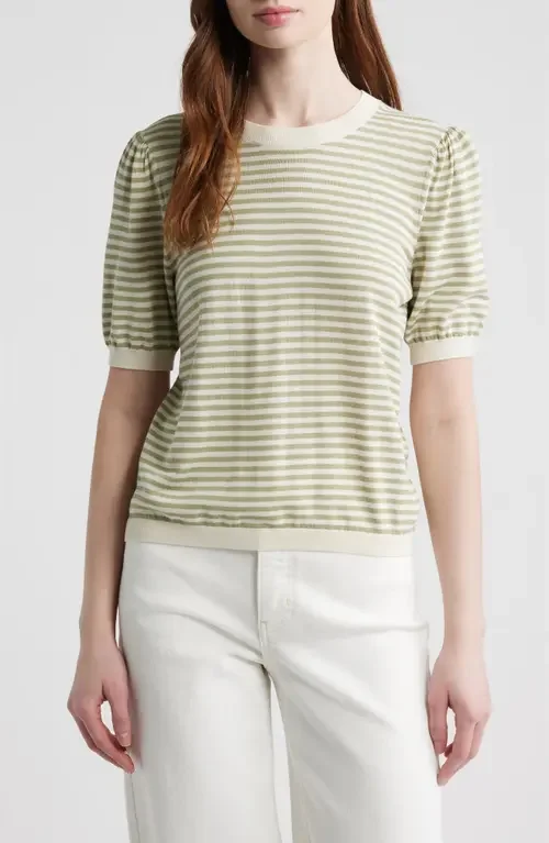 FRAME FRAME The Stripe Gather Crop Cotton & Modal Sweater in Sage Multi — Women Spring khaki Tops