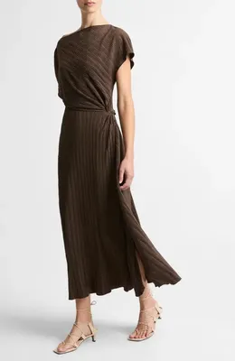 Vince Vince Diagonal Pleated Twist Waist Midi Dress in Clove — Women Autumn chocolate Dresses