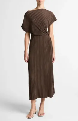 Vince Vince Diagonal Pleated Twist Waist Midi Dress in Clove — Women Autumn chocolate Dresses
