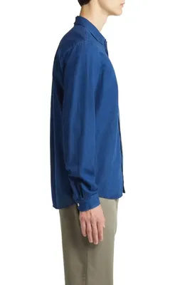 FRAME FRAME Cotton & Linen Chambray Button-Up Shirt in Maritime — Men Winter navy Tops