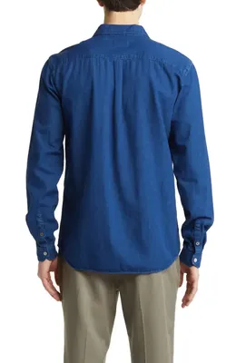 FRAME FRAME Cotton & Linen Chambray Button-Up Shirt in Maritime — Men Winter navy Tops