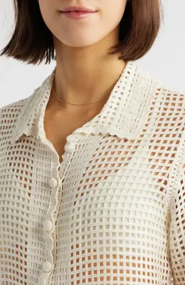 FRAME FRAME The Crochet Short Sleeve Button-Up Shirt in Cream — Women Spring ivory Tops