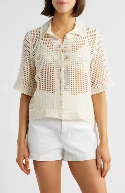 FRAME FRAME The Crochet Short Sleeve Button-Up Shirt in Cream — Women Spring ivory Tops