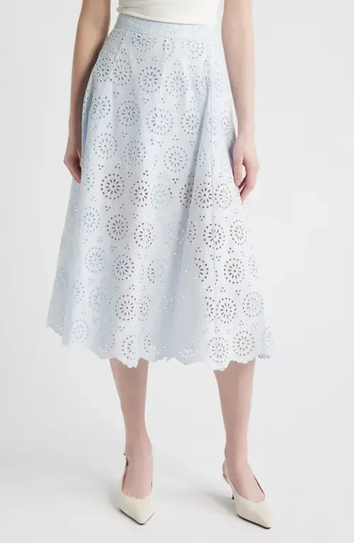 FRAME FRAME The Solstice Eyelet Midi Skirt in Ice Blue — Women Winter white Skirts