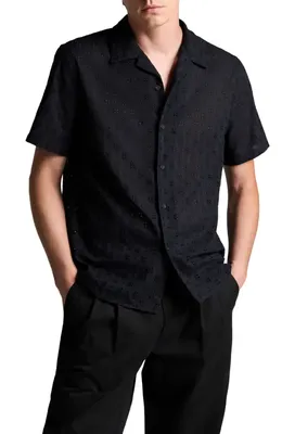 Vince Vince Floral Eyelet Cotton Camp Shirt in Coastal — Men Summer black Tops
